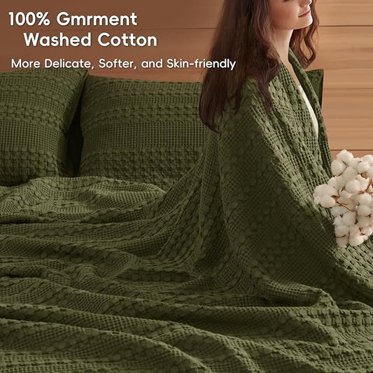 PHF 100% Cotton Waffle Weave Blanket King Size, Soft Lightweight Breathable Cozy Summer Blankets for Bed, Luxury Aesthetic Woven Bedding for Home Decor, 108"x90", Capulet Olive
