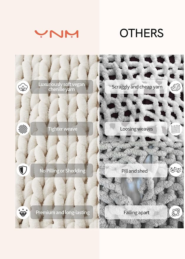 YnM Chunky Throw Blanket, Hand Knitted with Chenille Yarn, Skin Friendly, Ventilated and Breathable, Machine Washable, Home Décor Piece for Couch, Sofa and Bed (Butter Cream, 60x80 Inch)