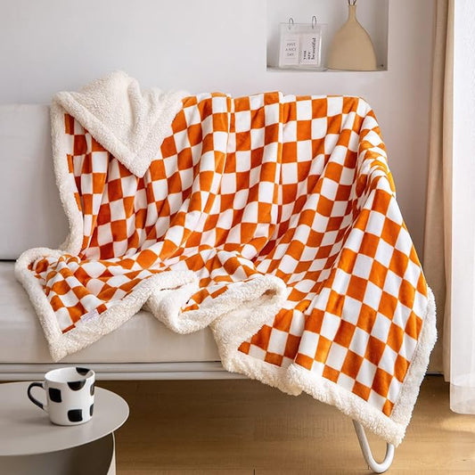 LOMAO Sherpa Throw Blanket Fleece Blanket with Checkered Pattern Soft Thick Blanket for Couch, Bed, Sofa Luxurious Warm and Cozy for All Seasons (Orange, 60"x80")