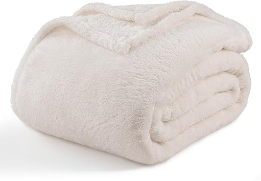 Berkshire Blanket Classic Extra-Fluffy™ Plush Blanket Queen Size, Soft Fuzzy Fluffy Long Hair Blanket for Couch Sofa Bed, Cream, 90x90 Inches