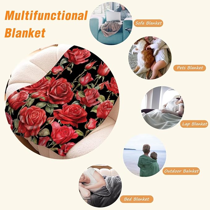 YeeJu Rose Kids Throw Blanket Small Red Floral Blanket for Girls Boys Child Baby Bed Soft Fuzzy Plush Fleece Blankets Black Spring Summer Flower Decorative Print Blanket 40x50