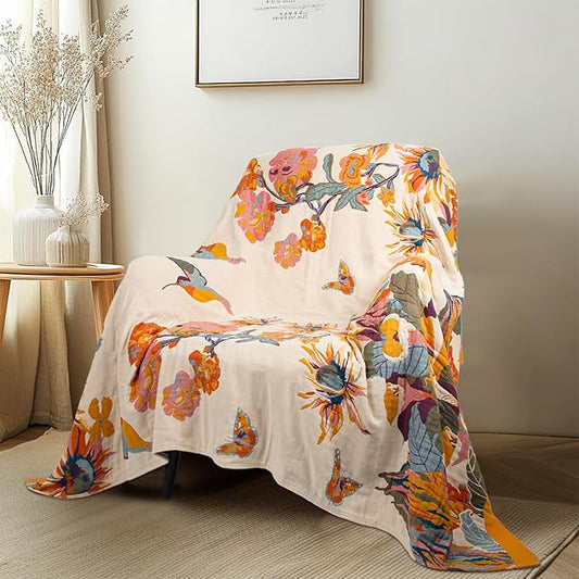 MACEVIA 100% Cotton Boho Throw Blanket, Soft Lightweight Butterfly Floral Design, 60"x80" Twin Size Bedspread for Couch Sofa, Bed, Travel, Cottagecore Decor (Butterfly Floral)