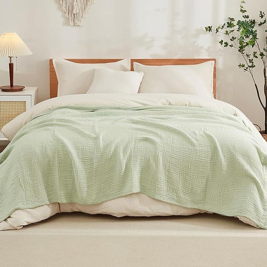 EMME 100% Muslin Throw Blanket for Couch 4-Layer Breathable Gauze All Season Soft and Lightweight Pre-Washed Cotton Blanket (Sage Green, 55"x75")