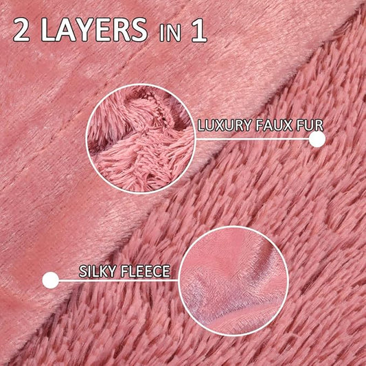 YUSOKI Long Faux Fur Throw Blanket for Sofa Couch,2 Layers,2.1lb,All Ages,Home Decoration, (Pink,50" x 60")