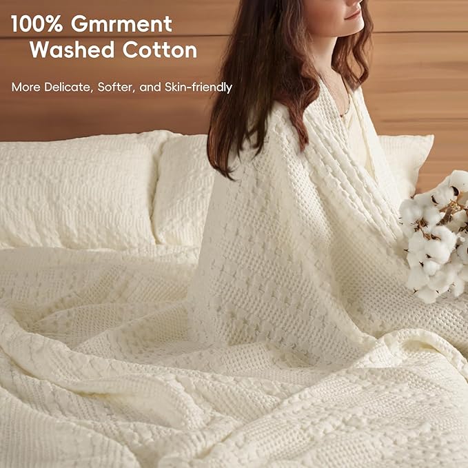 PHF 100% Cotton Waffle Weave Blanket Twin Size, Soft Lightweight Breathable Cozy Summer Blankets for Bed, Luxury Aesthetic Woven Bedding for Home Decor, 66"x90", Cannoli Cream