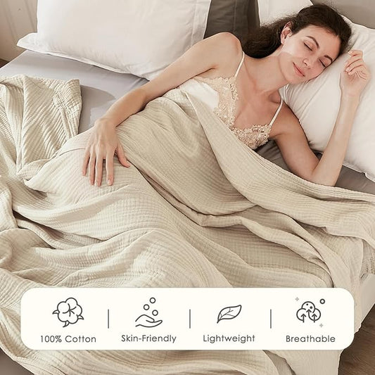 EMME Cotton Blanket Queen Size for Bed Soft Large Muslin Bed Blankets 90"x90" Lightweight Breathable Coverlet Bedspread All Season Gauze, Light Tan