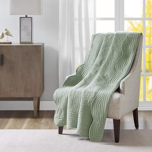 Madison Park Cotton Filled Spread, Ultra Soft, Cozy Living Room Couch, Sofa, Bed Luxe Quilted Throw Blanket-Damask Stitching Design, 60x72, Scalloped Edges Seafoam