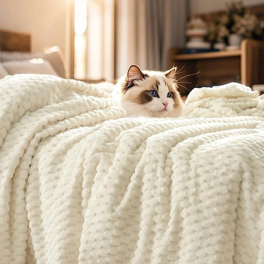 PHF Ultra Soft Flannel Fleece Blanket Queen Size, Lightweight 3D Jacquard Fleece Blanket, No Shedding, No Pilling, Luxury 340GSM Aesthetic Fluffy Cozy for Bed Room Decor, 90"x90", Cream
