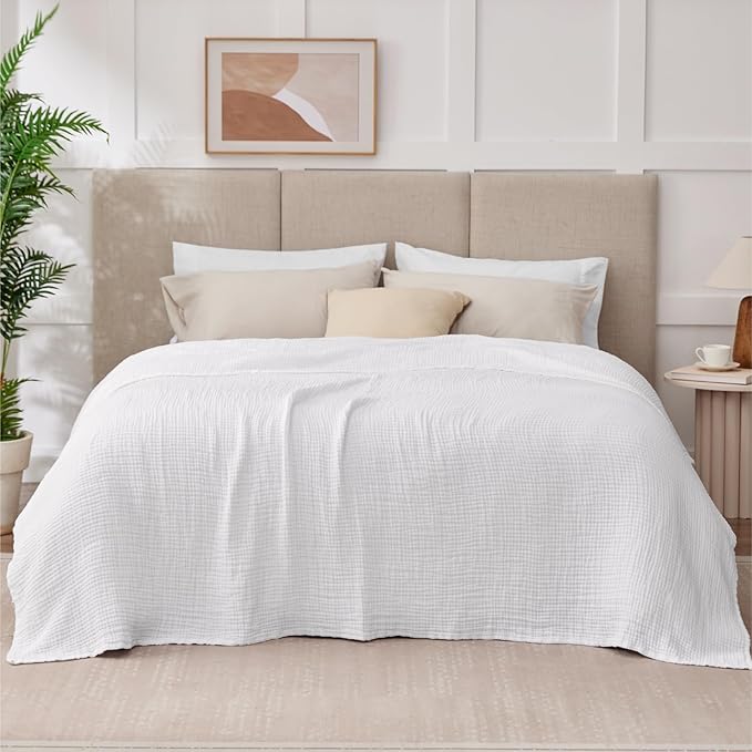 100% Cotton Muslin Blanket Queen 90" x 90", 6 Layers Breathable and Lightweight Cotton Throw Blanket for Bed, Soft Quilt Bedspread Coverlet, Gauze Blanket for Adults All Season, White