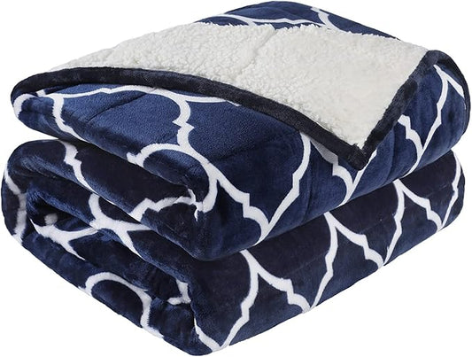 Cottonblue Morocco Fashion Print Weighted Blanket 20lbs, Sherpa Fleece Weighted Blanket for Adult, Dual Sided Fluffy Fuzzy Plush Thick Throw Blanket for Winter Warm, 60x80 inches, Navy Blue