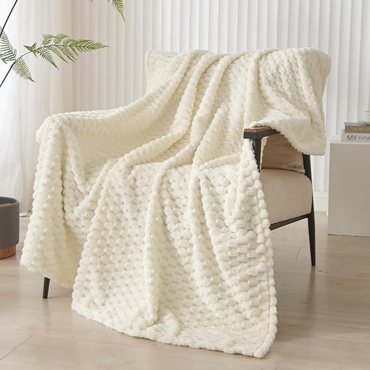 PHF Ultra Soft Flannel Fleece Throw Blanket, Lightweight 3D Jacquard Fleece Blanket, No Shedding, No Pilling, Luxury 340GSM Aesthetic Fluffy Cozy Throws for Couch Room Decor, 50"x60", Cream