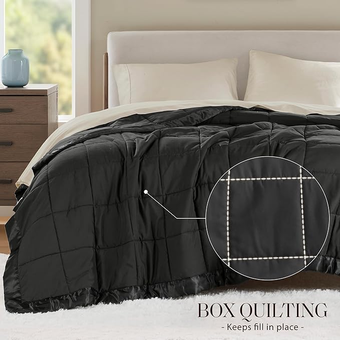 Madison Park Twin Size Blanket Ultra-Soft Microfiber Blanket Twin Size, Box Quilting with Satin Binding, All Season & Lightweight Twin Summer Blanket for Bed, Couch & Sofa, Twin, Black