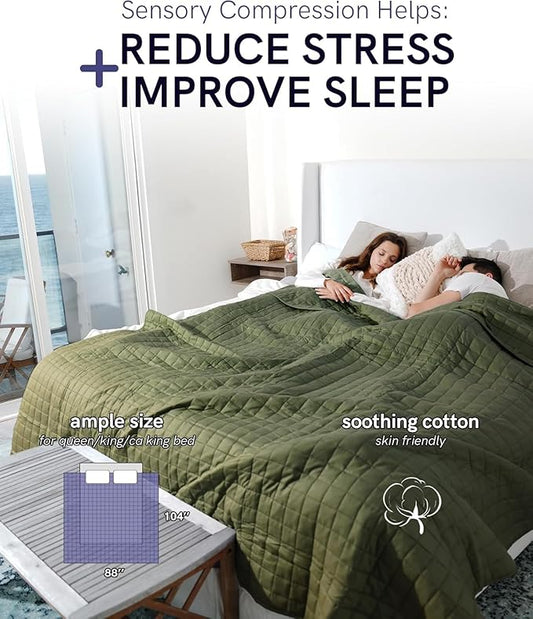 YnM Weighted Blanket, Soothing Cotton, Smallest Compartments with Glass Beads, Bed Blanket for Two Persons of 90~160lbs, Ideal for Queen or King Bed (80x87 Inches, 20 Pounds, Amy Green)