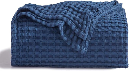 Bedsure Cooling Cotton Waffle Twin XL Blanket - Lightweight Breathable Blanket of Rayon Derived from Bamboo for Hot Sleepers, Luxury Throws for Bed, Couch and Sofa, Navy, 66x90 Inches