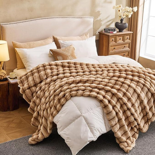 Faux Fur King Throw Blanket for Couch - Luxurious Faux Rabbit Fur Bed Blanket Reversible - Cozy Warm Fluffy Fuzzy Plush Striped Blanket for Sofa Bedroom Living Room - 106x90 Inches Khaki