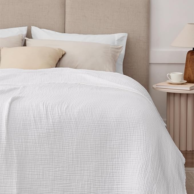 100% Cotton Muslin Blanket Queen 90" x 90", 6 Layers Breathable and Lightweight Cotton Throw Blanket for Bed, Soft Quilt Bedspread Coverlet, Gauze Blanket for Adults All Season, White