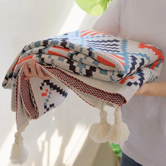 Blue Throw Blanket, Knitted Boho Throw Blankets with Tassels, Soft Colorful Throw Blanket for Sofa Couch Bed and Living Room, Blue&Orange (50x60 Inch)