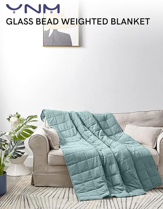 YnM Weighted Blanket —Cotton/Polyester Blend Fabric with Premium Glass Beads (Deep Green/Grey Reversible, 80''x87'' 20lbs), 90~160lb Persons Sharing Use on Queen/King Bed | A Duvet Included