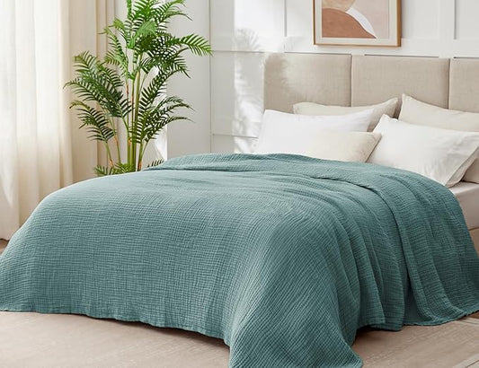 100% Cotton Muslin Blanket King 108" x 90", 6 Layers Breathable and Lightweight Cotton Throw Blanket for Bed, Soft Quilt Bedspread Coverlet, Gauze Blanket for Adults All Season, Teal