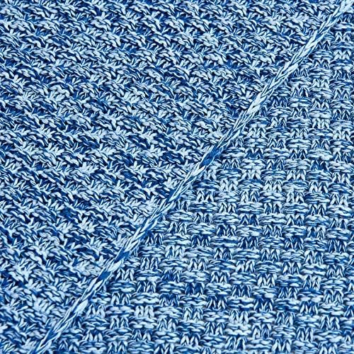 Longhui bedding Blue Knitted Throw Blanket for Couch, Soft, Cozy Machine Washable 100% Cotton Sofa Knit Blankets, 60 x 80 Inches Oversized, Blue and White Color, Laundry Bag Included