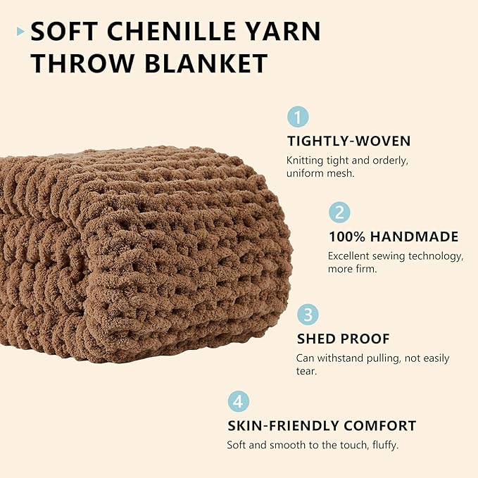 L'AGRATY Chunky Knit Blanket Throw - Soft Chenille Yarn Throw Blanket 40x50： Handmade Thick Cable Knit Crochet Blanke - Large Knit Blanket Chunky Rope Knot Throw Blanket for Couch Sofa Bed Home Decor