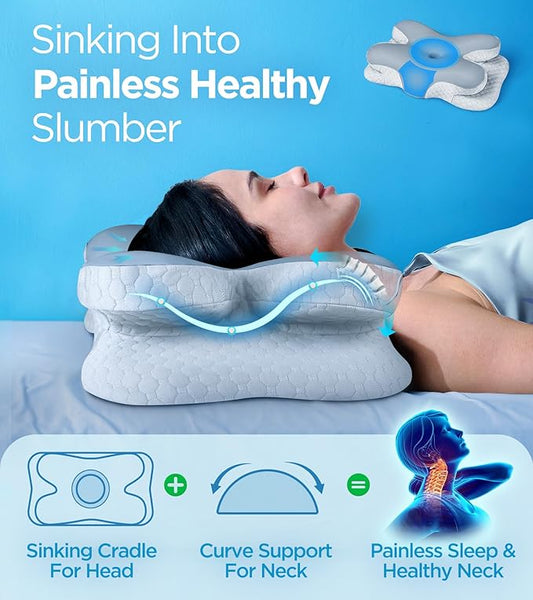 Osteo Enjoy Pain Relief Sleeping Cervical Neck Pillow, Ergonomic Contour Zoned Fits Side Sleeper, Non-Temperature Affected Memory Foam Pillows, Q-max Cooling Pillow Support Back Stomach Sleepers