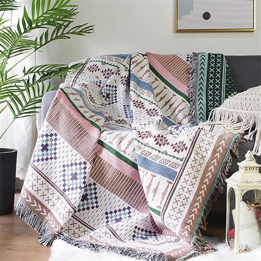 Luxlovery Beige and Purple Bohemian Sofa Throw Blankets Ethnic Woven Boho Geometric Multicolor Throw Blanket for Couch Aztec Bed Throws Oversized Chair Sofa Cover with Tassels(63"x86")