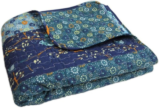 Lush Decor Royal Empire Reversible Cotton Throw Blanket, 50" W x 60" L, Peacock - Colorful Boho Patterns - Blue Throw - Fall Quilted Throw - Bohemian Striped Cotton Blanket For Bed, Couch, Or Chair