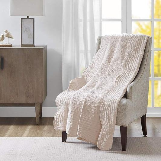 Madison Park Cotton Filled Spread, Ultra Soft, Cozy Living Room Couch, Sofa, Bed Luxe Quilted Throw Blanket-Damask Stitching Design, 60x72, Scalloped Edges Blush