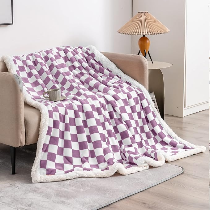 LOMAO Sherpa Throw Blanket Fleece Blanket with Checkered Pattern Soft Thick Blanket for Couch, Bed, Sofa Luxurious Warm and Cozy for All Seasons (Purple, 60"x80")