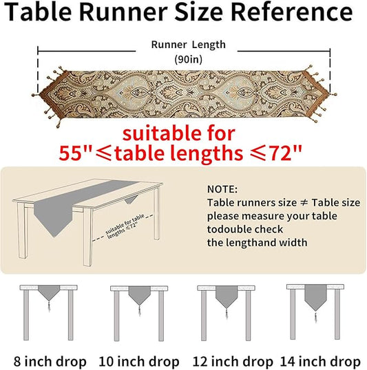 Luxury Vintage Design Table Runner 90 inches Long Embroidery Jacquard Fabric with Multi-Tassels Table Runners for Dining Room Dresser Wedding Holiday Party Fireplace Decorations (Coffee, 12X90inch)