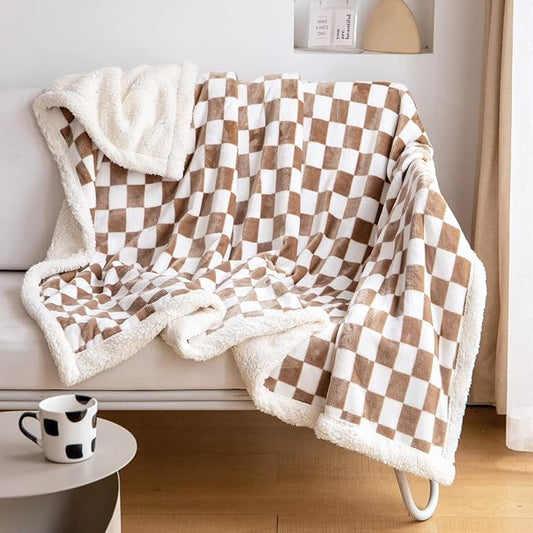 LOMAO Sherpa Throw Blanket Fleece Blanket with Checkered Pattern Soft Thick Blanket for Couch, Bed, Sofa Luxurious Warm and Cozy for All Seasons (Khaki, 90"x90")
