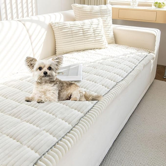 Faux Fur Plush Dog Couch Cover 3D Stripe Fuzzy Sofa Cover Non-Slip Fluffy Dog Bed Cover Pet Blanket Sofa Couch Furniture Protector for Puppy Large Dog Cat (Cream,28"x82")