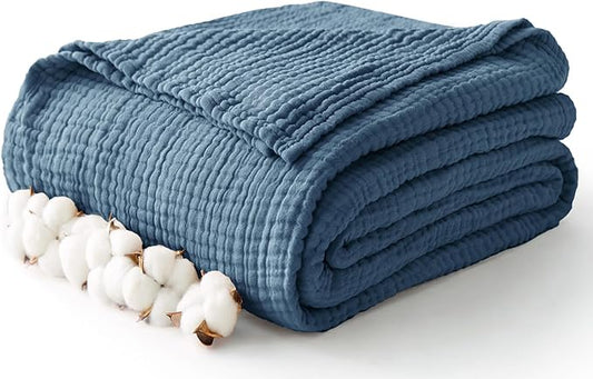100% Cotton Muslin Blanket King 108" x 90", 6 Layers Breathable and Lightweight Cotton Throw Blanket for Bed, Soft Quilt Bedspread Coverlet, Gauze Blanket for Adults All Season, Blue