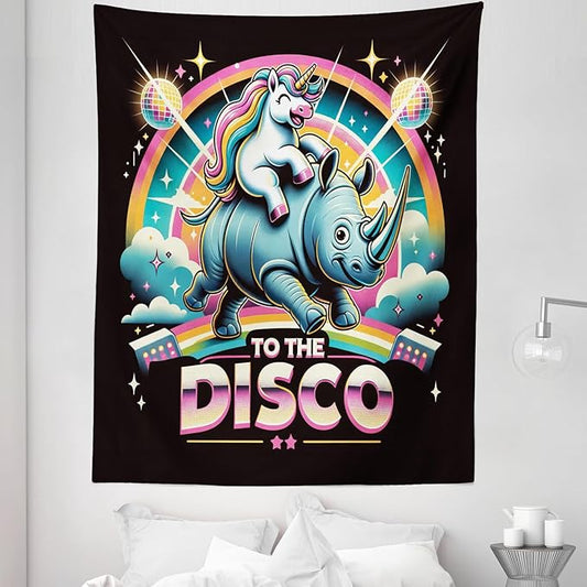 Ambesonne Funny Tapestry Twin Size, Whimsical Colorful to the Disco Lettering Cheery Unicorn Riding a Wild Animal, Wall Hanging Bedspread Bed Cover Wall Decor, 68" X 88", Black Multicolor