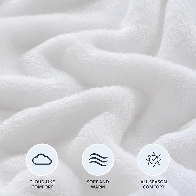 Berkshire Blanket Classic Extra-Fluffy™ Plush Blanket Queen Size, Soft Fuzzy Fluffy Long Hair Blanket for Couch Sofa Bed, True White, 90x90 Inches
