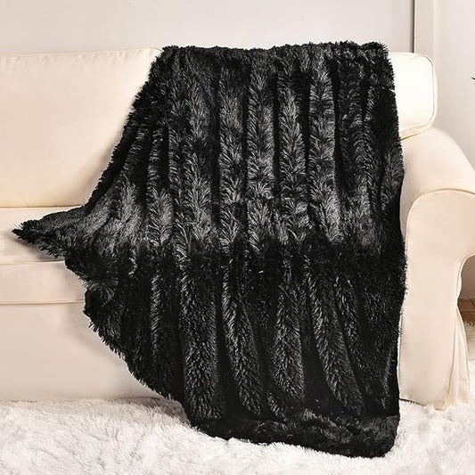 YUSOKI Black Faux Fur Throw Blanket,2 Layers,50" x 60", Soft Fuzzy Fluffy Plush Furry Comfy Warm Cozy Blanket for Couch Bed Chair Sofa Bedroom Mens Gift