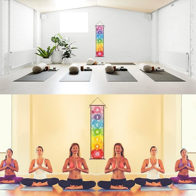 DigiTizerArt Hanging Poster Canvas Wall Art Banner for Meditation 7 Chakras Yoga Painting | Wall Hanging Tapestry Decoration Black and White | 33 x 135 cm (Style-C)