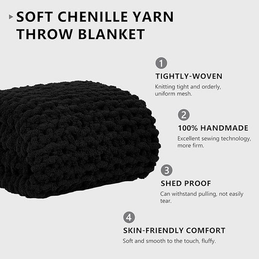 L'AGRATY Chunky Knit Blanket Throw: Soft Chenille Yarn Throw Blanket 60x80 - Handmade Thick Cable Crochet Blanket - Large Chunky Rope Throw Blanket for Couch Sofa Bed Home Decor(Black)