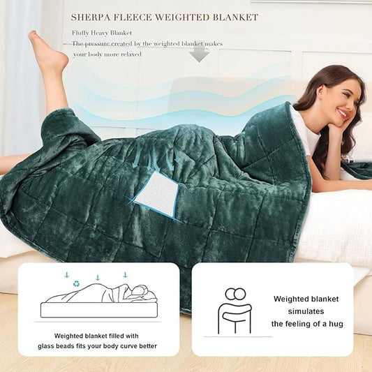 Alomidds Sherpa Fleece Weighted Blanket for Adults(15lbs Twin Size) Heavy Blanket with Fluffy Warm Thick Sherpa & Cozy Soft Flannel Snuggle Great for Sofa Bed Calming, 48x72 inches, Forest Green