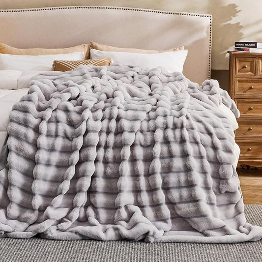 Faux Fur Queen Blanket for Couch - Luxurious Faux Rabbit Fur Bed Blanket Reversible - Cozy Warm Fluffy Fuzzy Plush Throw Striped Blanket for Sofa Bedroom Living Room - 90x90 Inches Light Gre