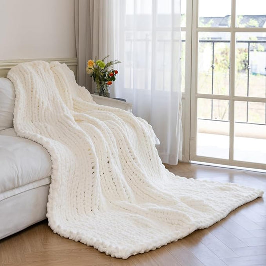 Chunky Knit Blanket - Luxury Soft Cozy King Size(60 * 80) Throw Blanket,100% Woven Blanket Rope Knot Throw Blanket for Couch, Sofa, Home Decor, Gift - Machine Washable（Milk White）