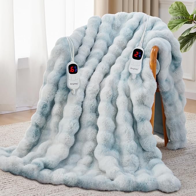 Heated Blanket Throw with 1/2/4/6/8 Hours Auto-Off 10 Heat Level, 90'' * 100'' Cozy Faux Rabbit Fur Bubble Electric Blanket with Overheat Protection(Blue)