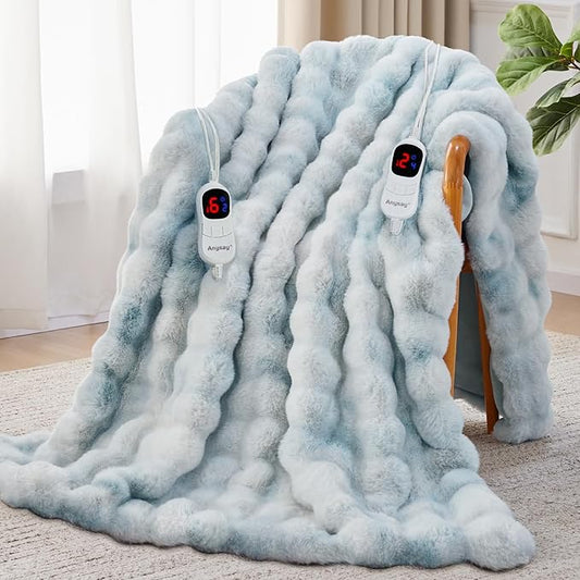 Heated Blanket Throw with 1/2/4/6/8 Hours Auto-Off 10 Heat Level, 90'' * 100'' Cozy Faux Rabbit Fur Bubble Electric Blanket with Overheat Protection(Blue)