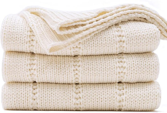 RECYCO Cable Knit Cream White Throw Blanket Twin Size for Couch, Super Soft Warm Cozy Decorative Knitted Throw Blanket 3.6LB for Bed, Sofa, Chair Large 60"x80"