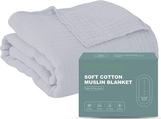 Cosy Family 6 Layer Muslin Bed Blanket - Breathable and Lightweight Gauze Boho Blanket for Spring, Soft 100% Cotton Muslin Blanket, Slate, 55x80 Inches