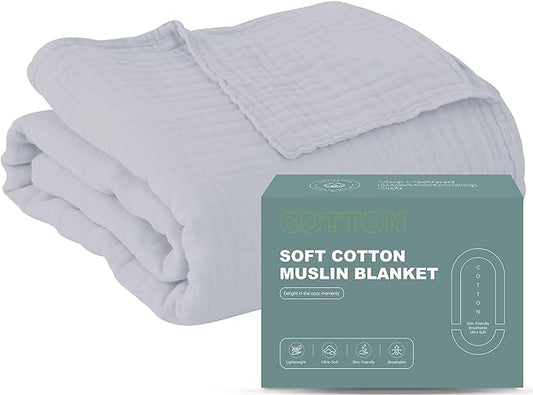 Cosy Family 4 Layer Muslin Bed Blanket - Breathable and Lightweight Gauze Boho Blanket for Spring, Soft 100% Cotton Muslin, Slate, 80x90 Inches