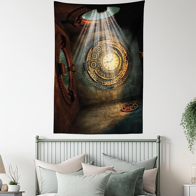 Ambesonne Fantasy Tapestry, Fantasy Scenery with Clock Dream Sky Rays from the Ceiling Fictional Art, Fabric Wall Hanging Decor for Bedroom Living Room Dorm, 30" X 45", Teal Brown