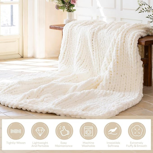 Chunky Knit Blanket - Luxury Soft Cozy King Size(60 * 80) Throw Blanket,100% Woven Blanket Rope Knot Throw Blanket for Couch, Sofa, Home Decor, Gift - Machine Washable（Milk White）