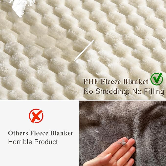 PHF Ultra Soft Flannel Fleece Blanket King Size, Lightweight 3D Jacquard Fleece Blanket, No Shedding, No Pilling, Luxury 340GSM Aesthetic Fluffy Cozy for Bed Room Decor, 108"x90", Cream